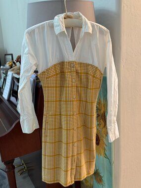 Maeve by Anthropologie White Mustard Check Shirt Dress XXS Like New